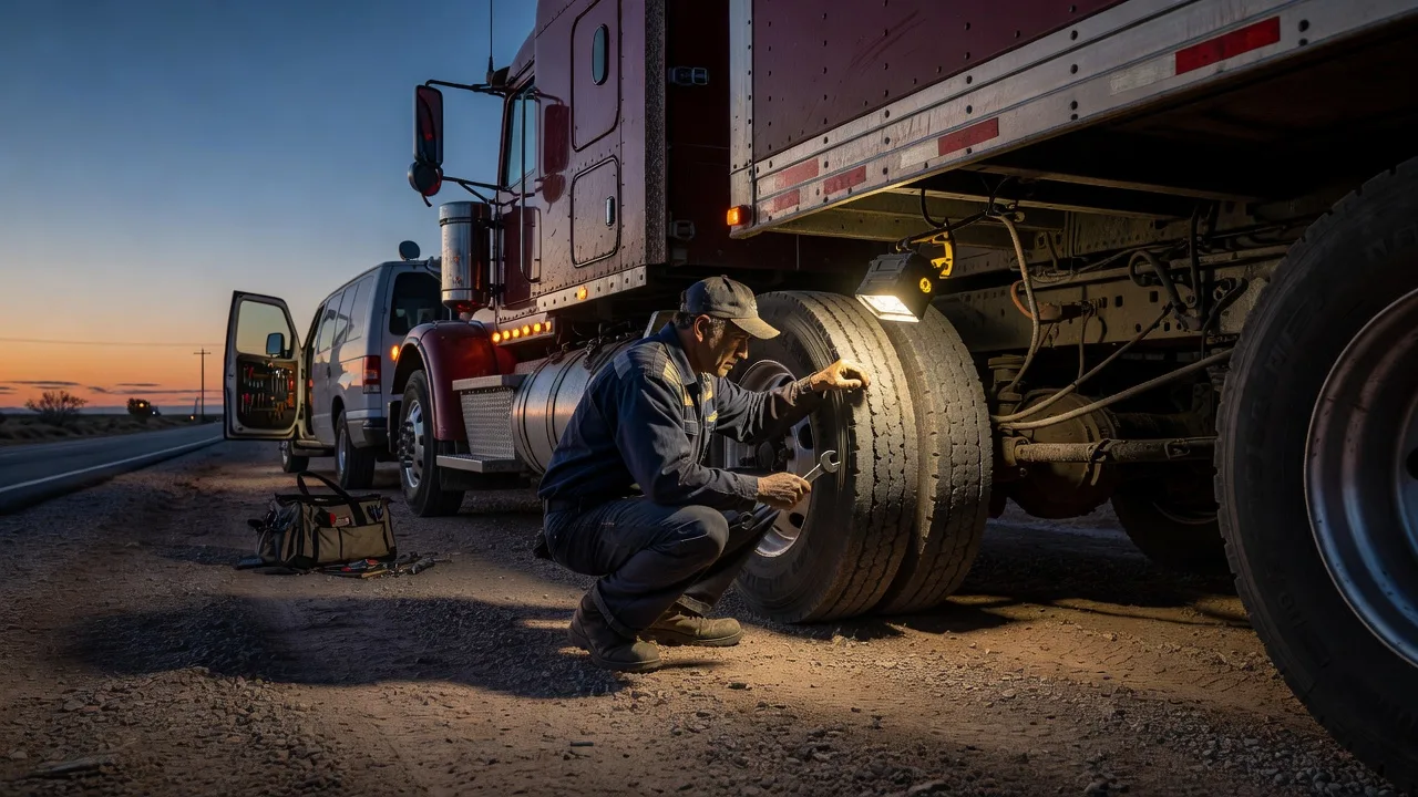 Mobile mechanic repairing a semi truck on the roadside at night