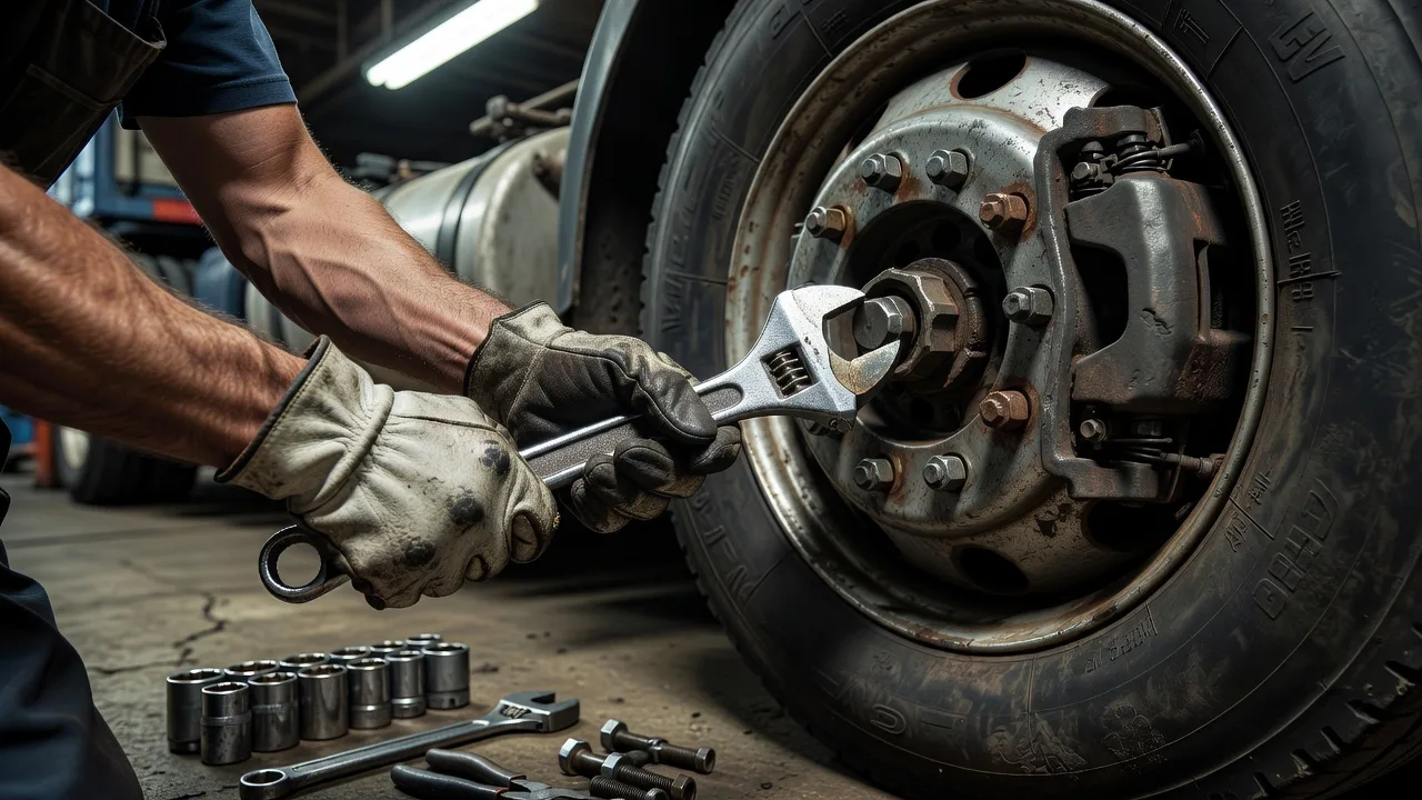 Technician performing brake repair on a trailer wheel